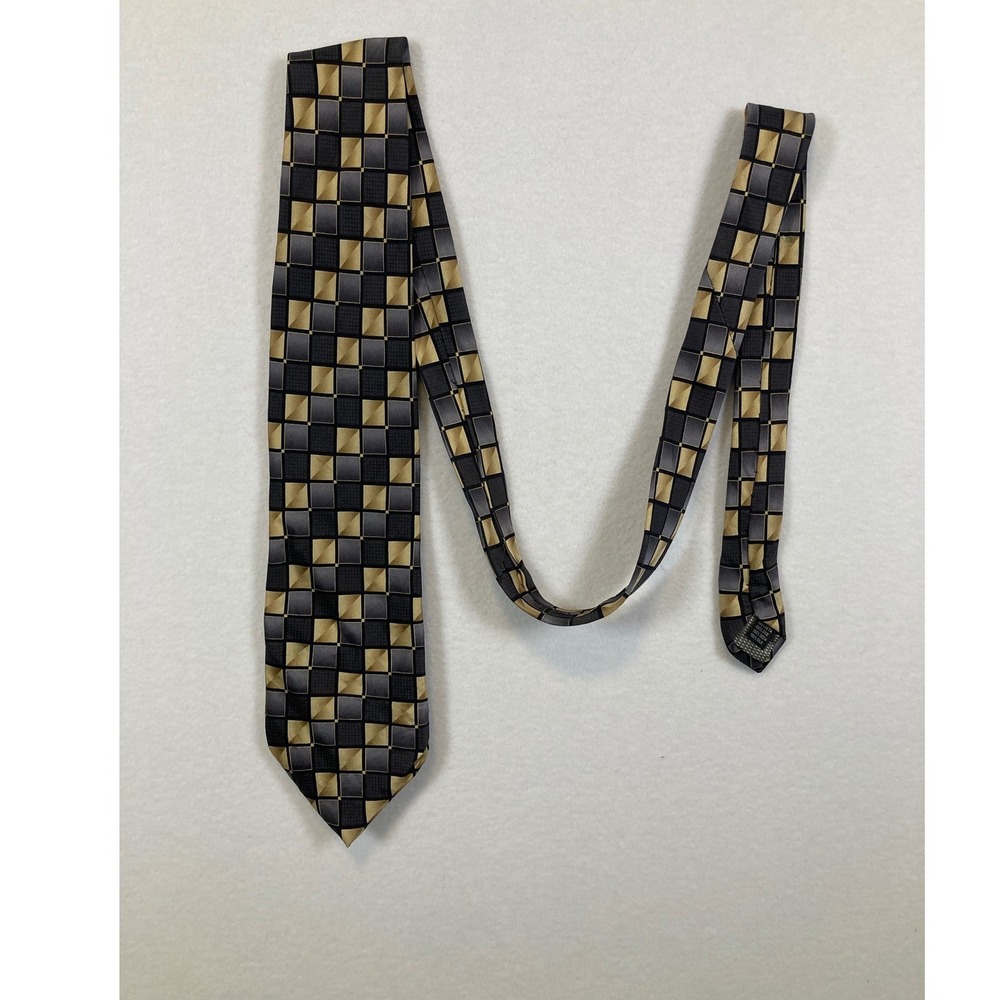 Knightsbridge Silk Tie Mens OS Gold Black Gray Geometric Checkerboard Pattern
